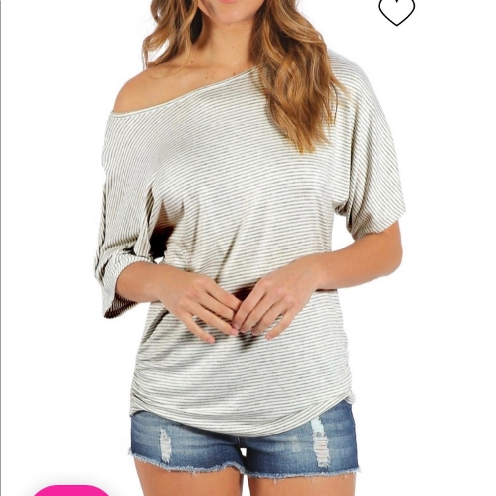 Elan Wide Neck Gray And White Striped Tee - Picture 1 of 7